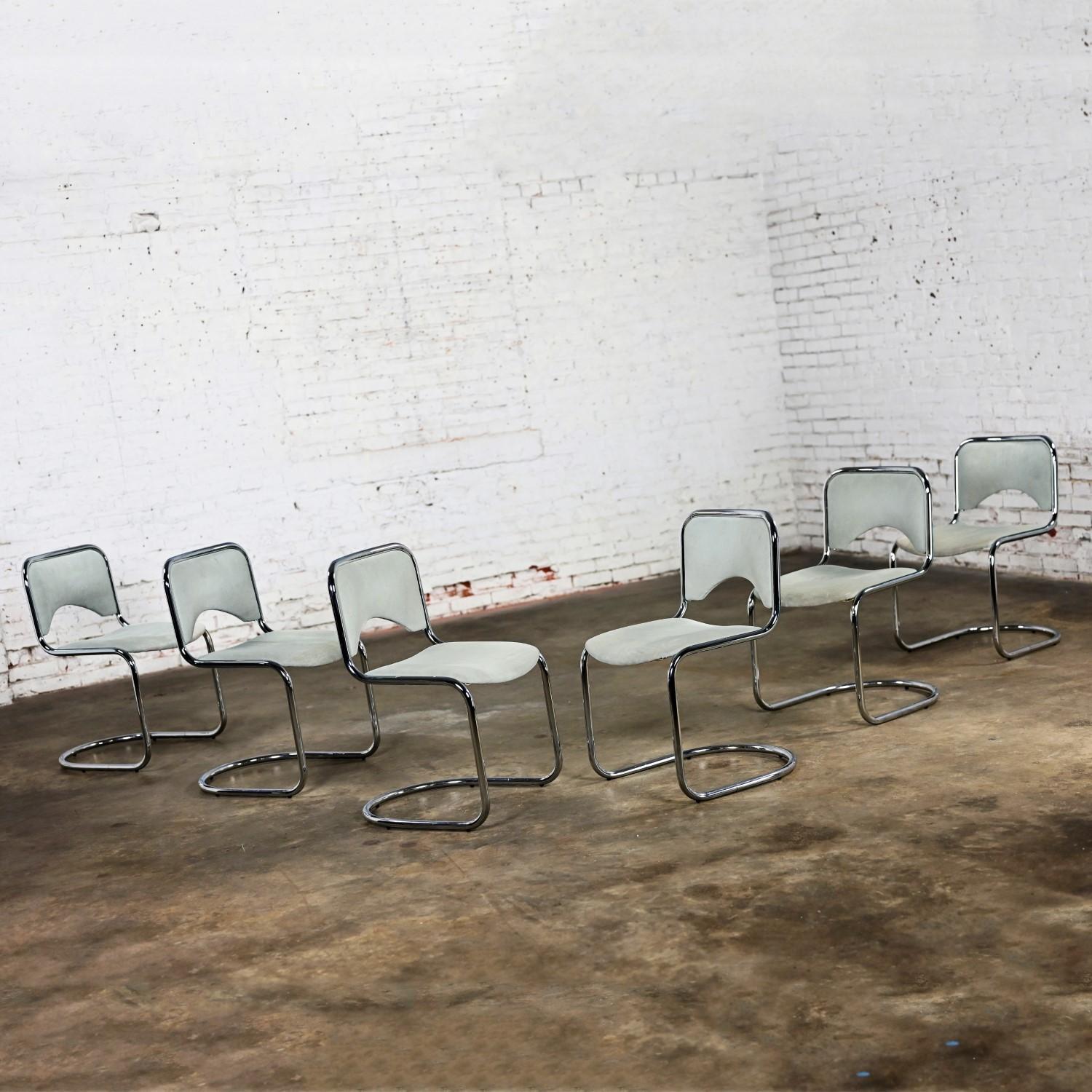 Modern Gray Suede & Chrome Frame Cantilever Dining or Side Chairs Set of 6 7