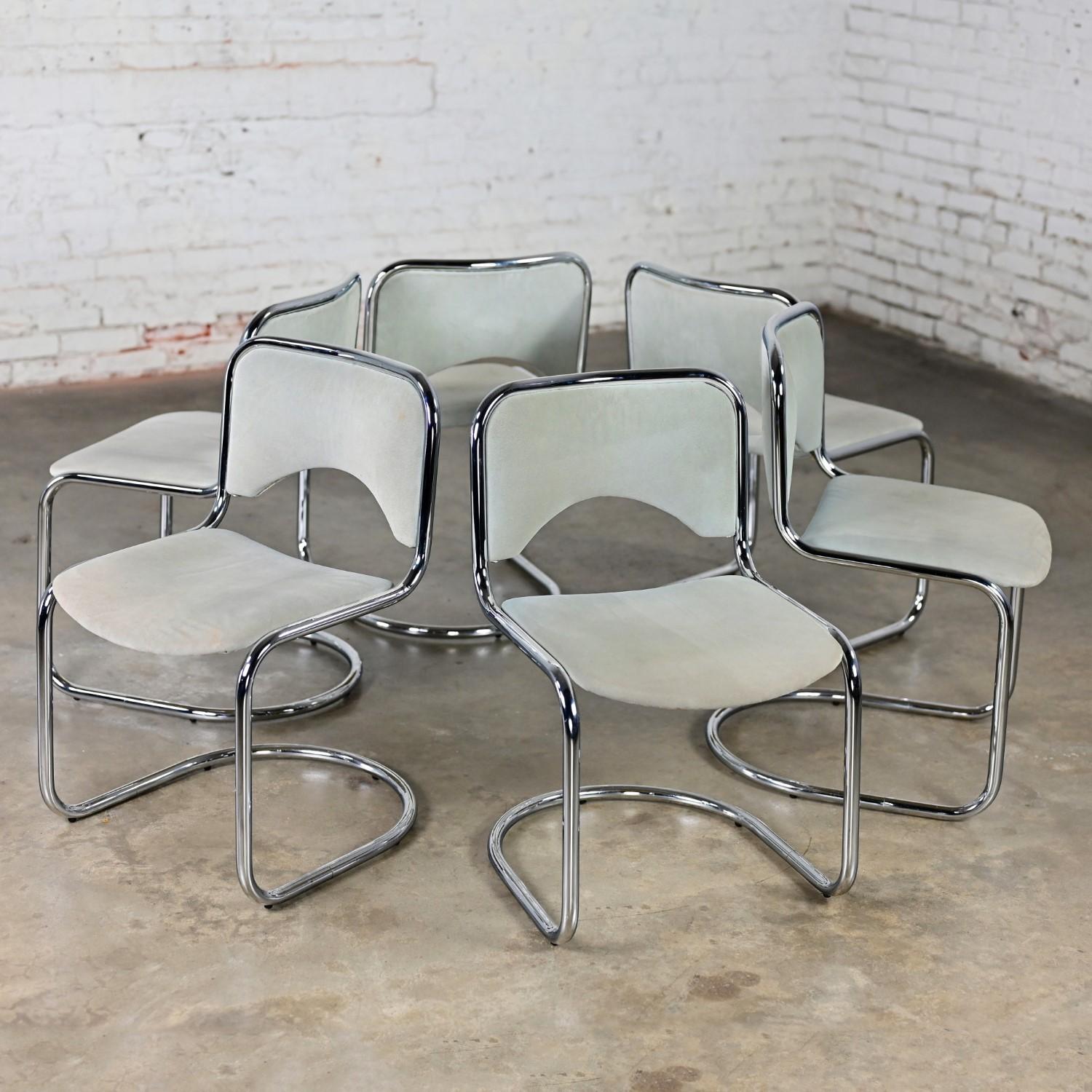 Modern Gray Suede & Chrome Frame Cantilever Dining or Side Chairs Set of 6 11