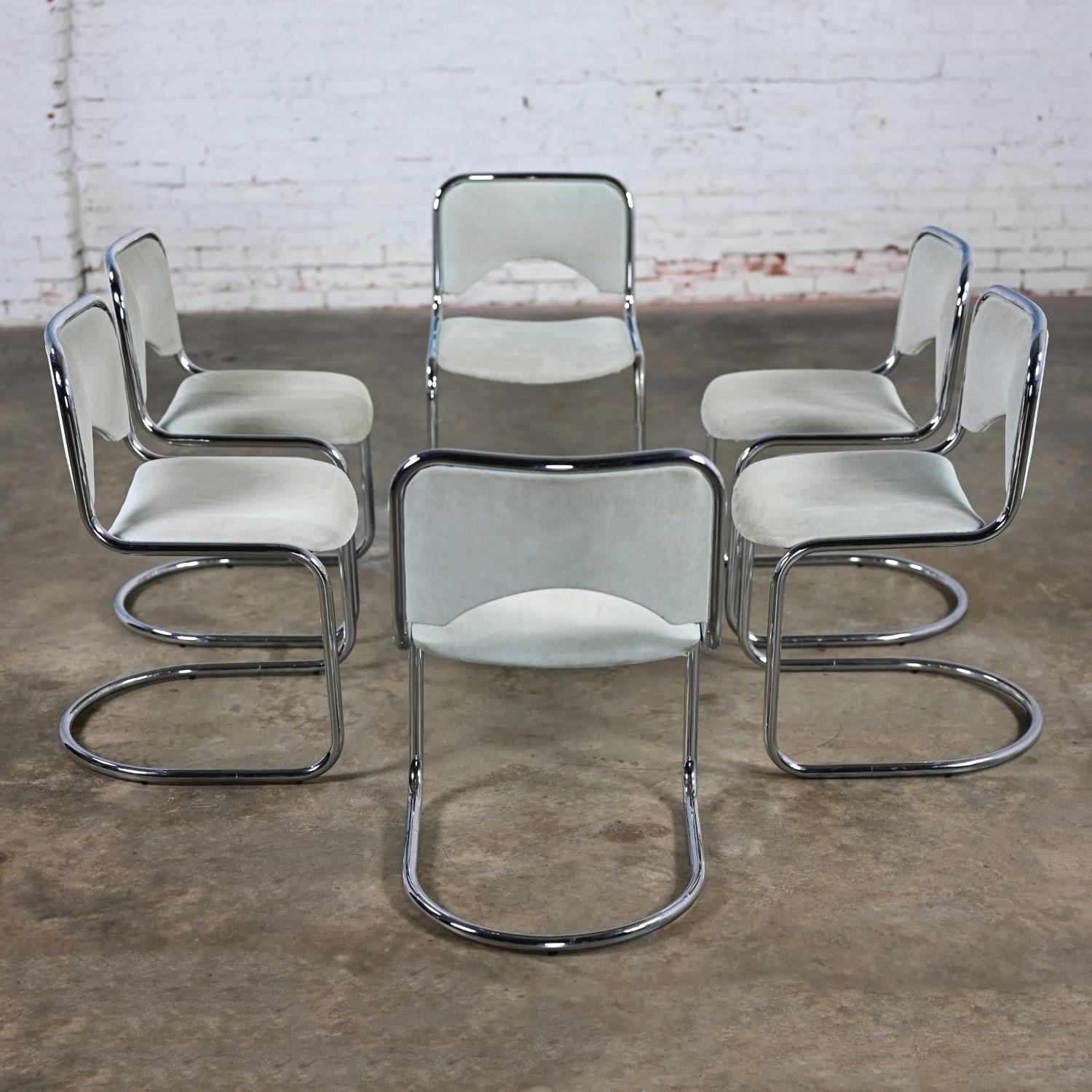Fabulous set of 6 vintage Modern dining or side chairs comprised of chrome tube cantilever frames and silver gray suede fabric seats & backs. Beautiful condition, keeping in mind that these are vintage and not new so will have signs of use and wear