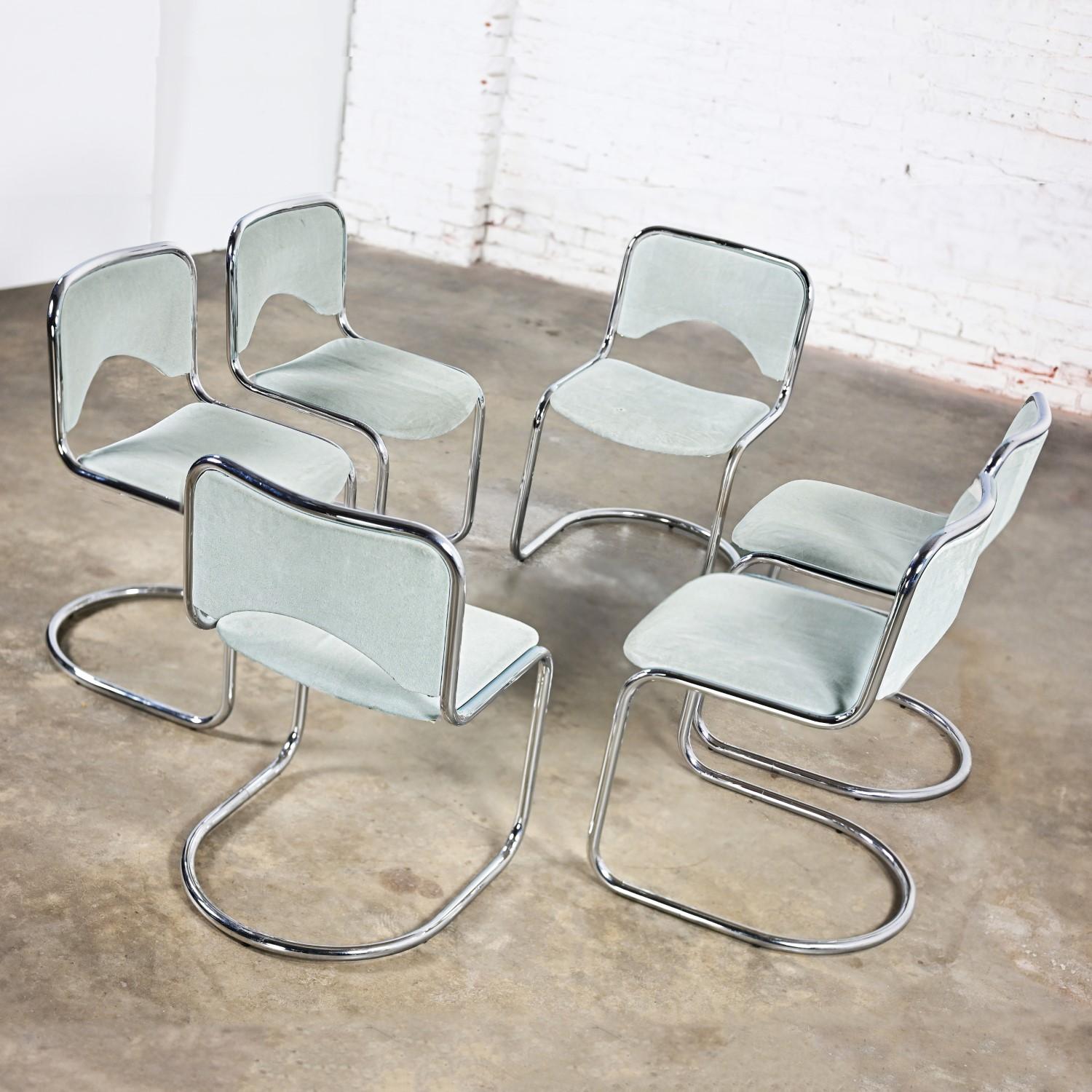 Unknown Modern Gray Suede & Chrome Frame Cantilever Dining or Side Chairs Set of 6