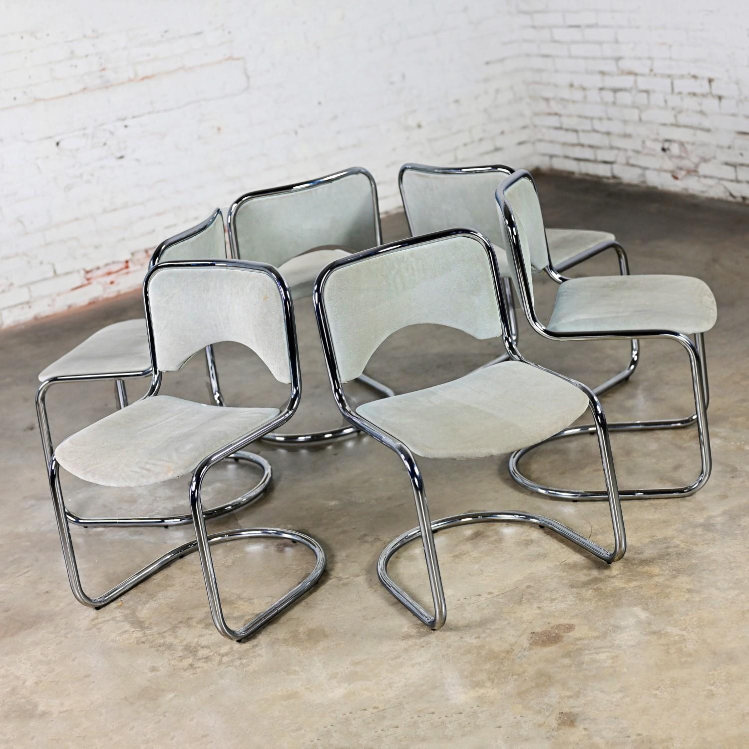 Modern Gray Suede & Chrome Frame Cantilever Dining or Side Chairs Set of 6 In Good Condition In Topeka, KS