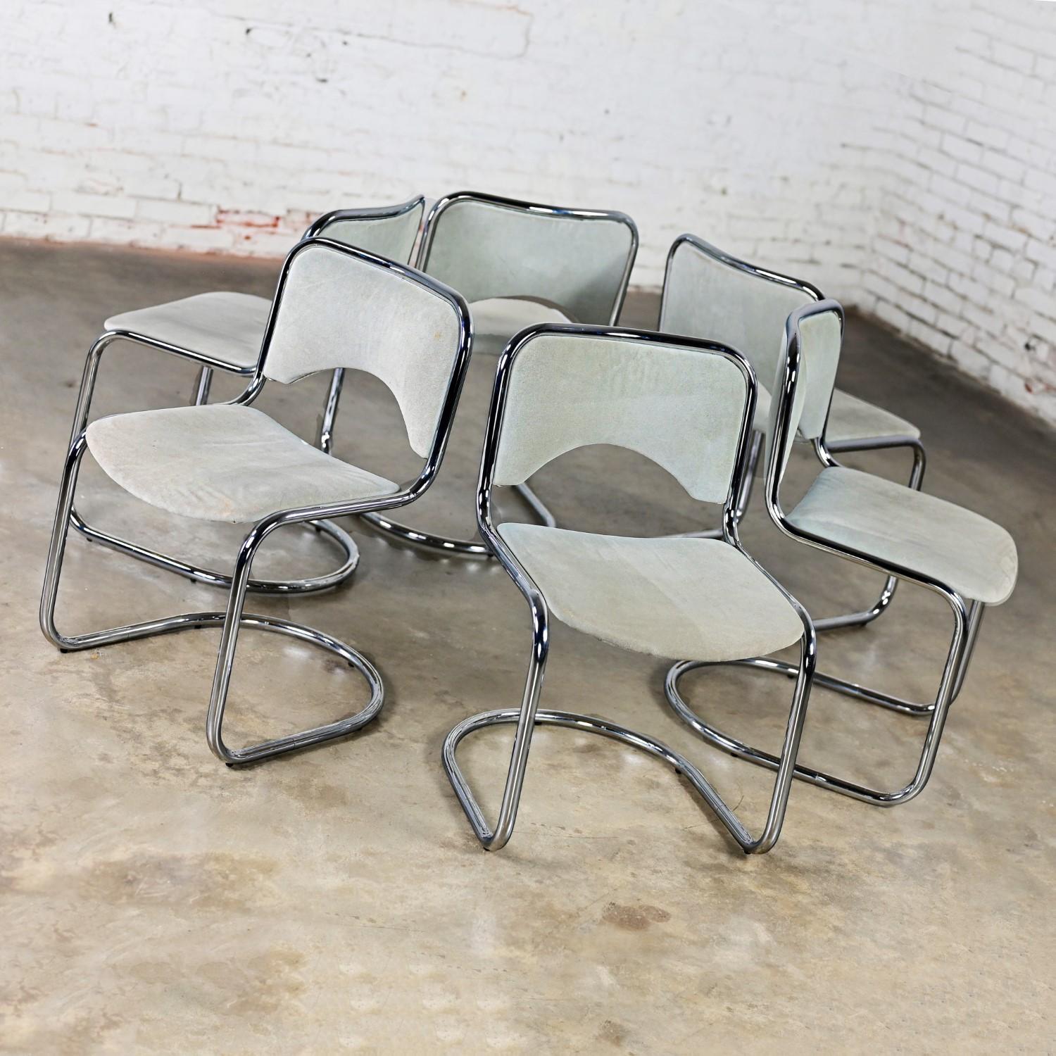 20th Century Modern Gray Suede & Chrome Frame Cantilever Dining or Side Chairs Set of 6