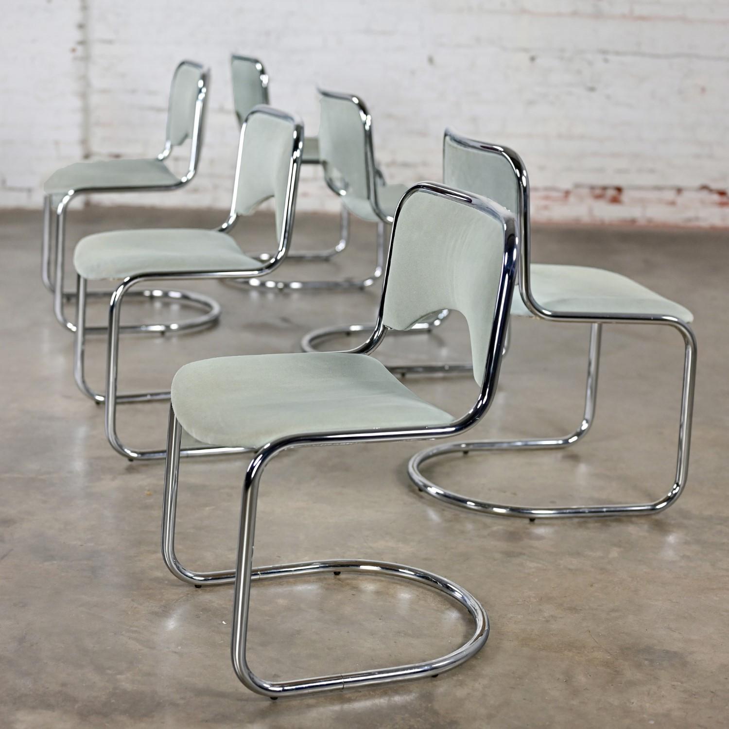 Modern Gray Suede & Chrome Frame Cantilever Dining or Side Chairs Set of 6 1