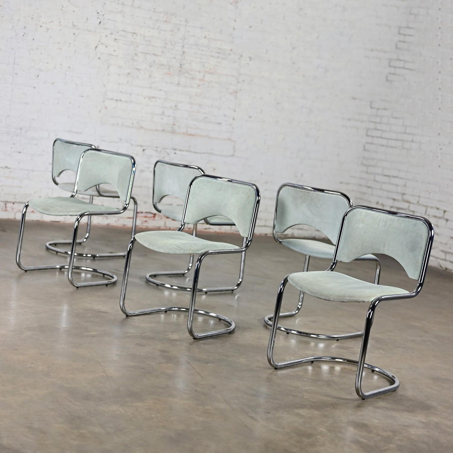 Modern Gray Suede & Chrome Frame Cantilever Dining or Side Chairs Set of 6 2