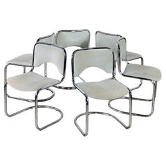 Modern Gray Suede & Chrome Frame Cantilever Dining or Side Chairs Set of 6