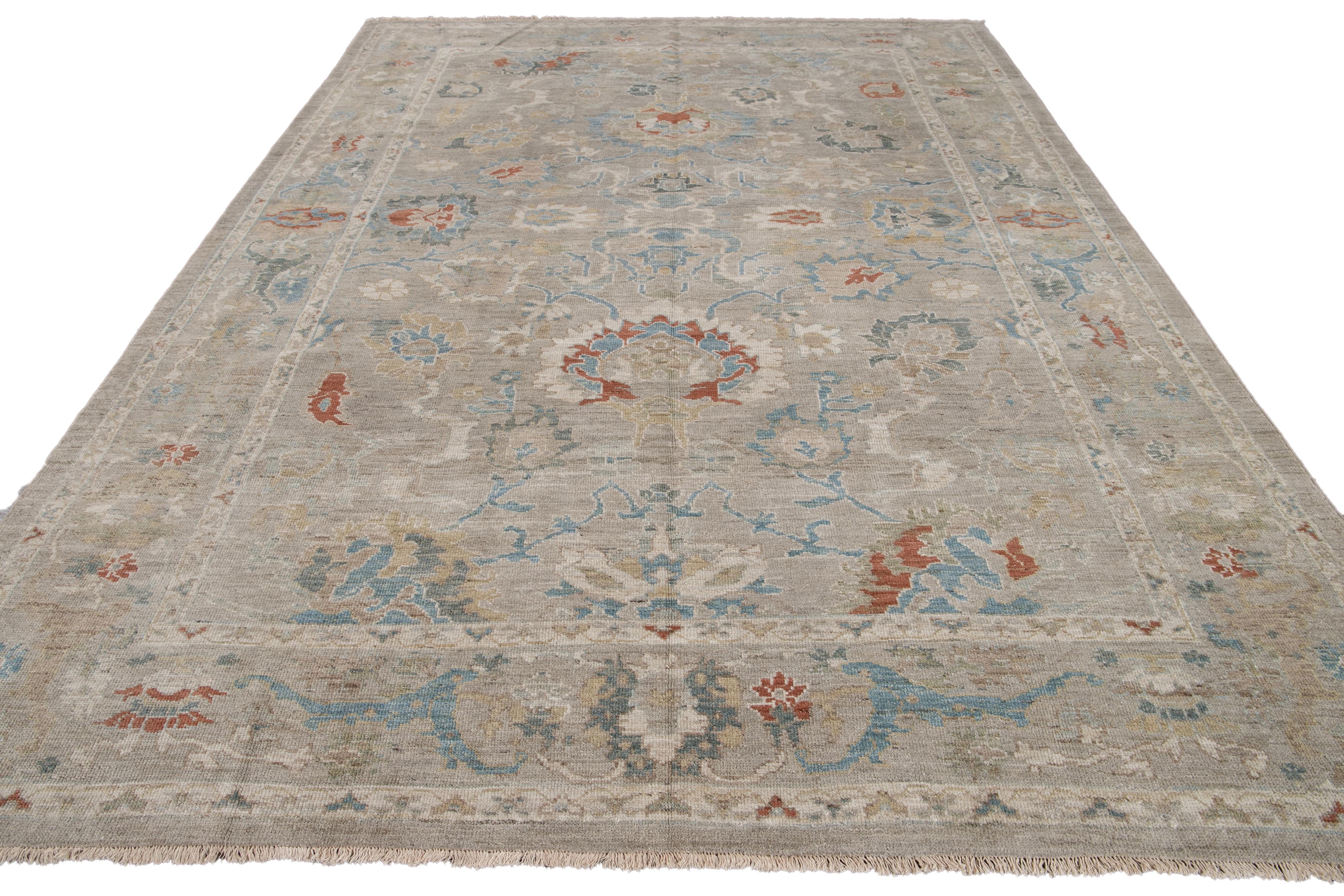 Moderner moderner grauer handgefertigter Sultanabad-Wollteppich mit Blumenmuster (Asiatisch) im Angebot