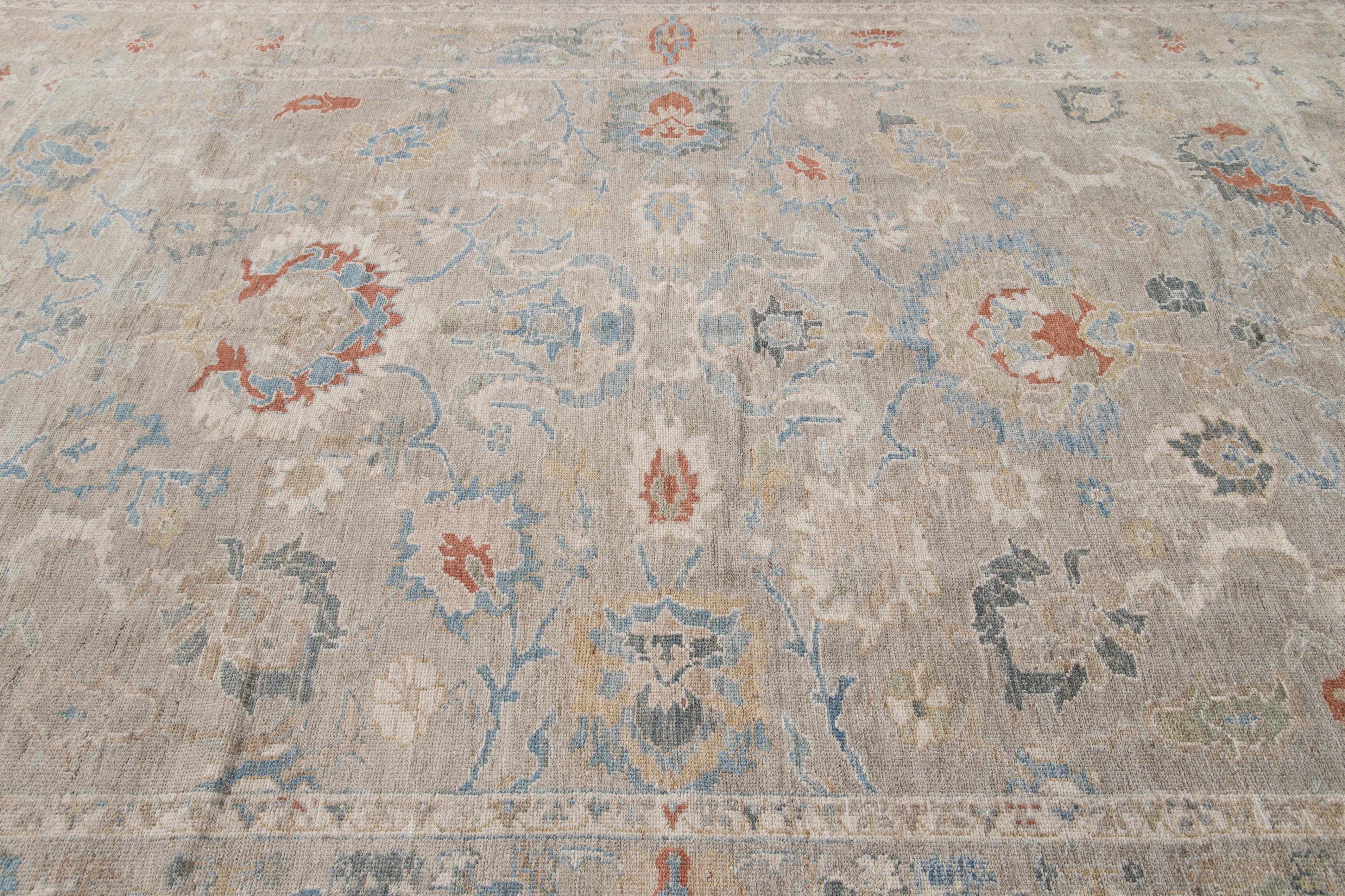 Moderner moderner grauer handgefertigter Sultanabad-Wollteppich mit Blumenmuster (Wolle) im Angebot