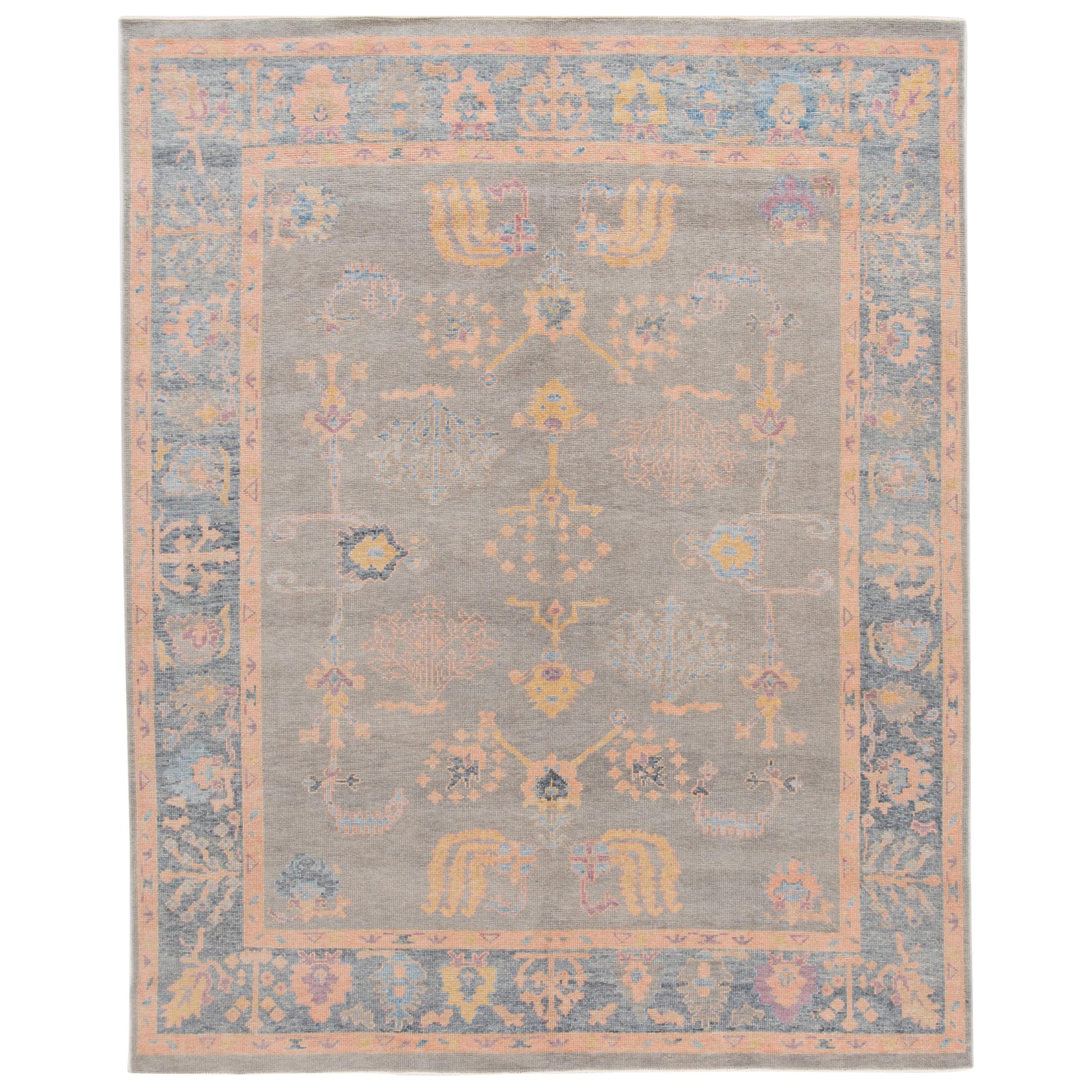 Modern Turkish Oushak Gray Handmade Floral Wool Rug at 1stDibs