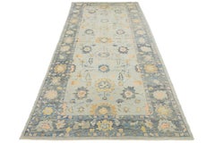 Modern Gray Turkish Oushak Handmade Floral Wide Gallery Wool Runner