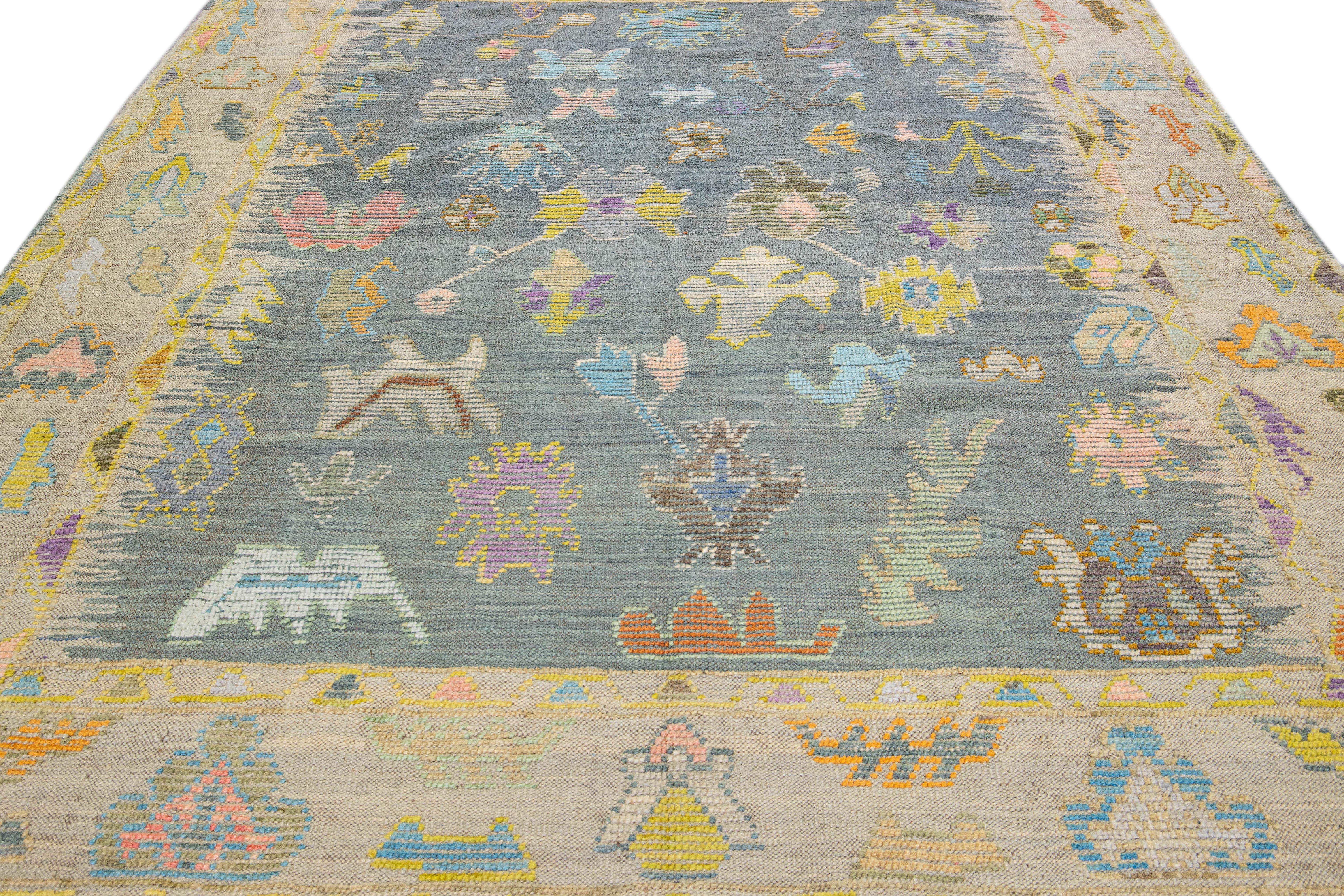 Hand-Knotted Modern Gray Turkish Oushak Handmade Multicolor Pattern Wool Rug For Sale
