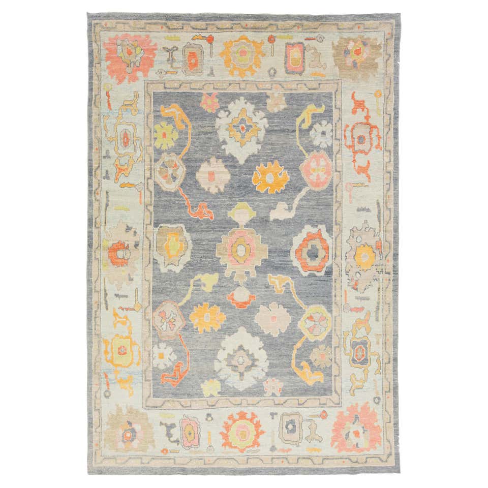 Contemporary Gray Wool Rug Turkish Oushak With Floral Design For Sale ...
