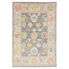 Modern Gray Turkish Oushak Wool Rug With Allover Floral Pattern