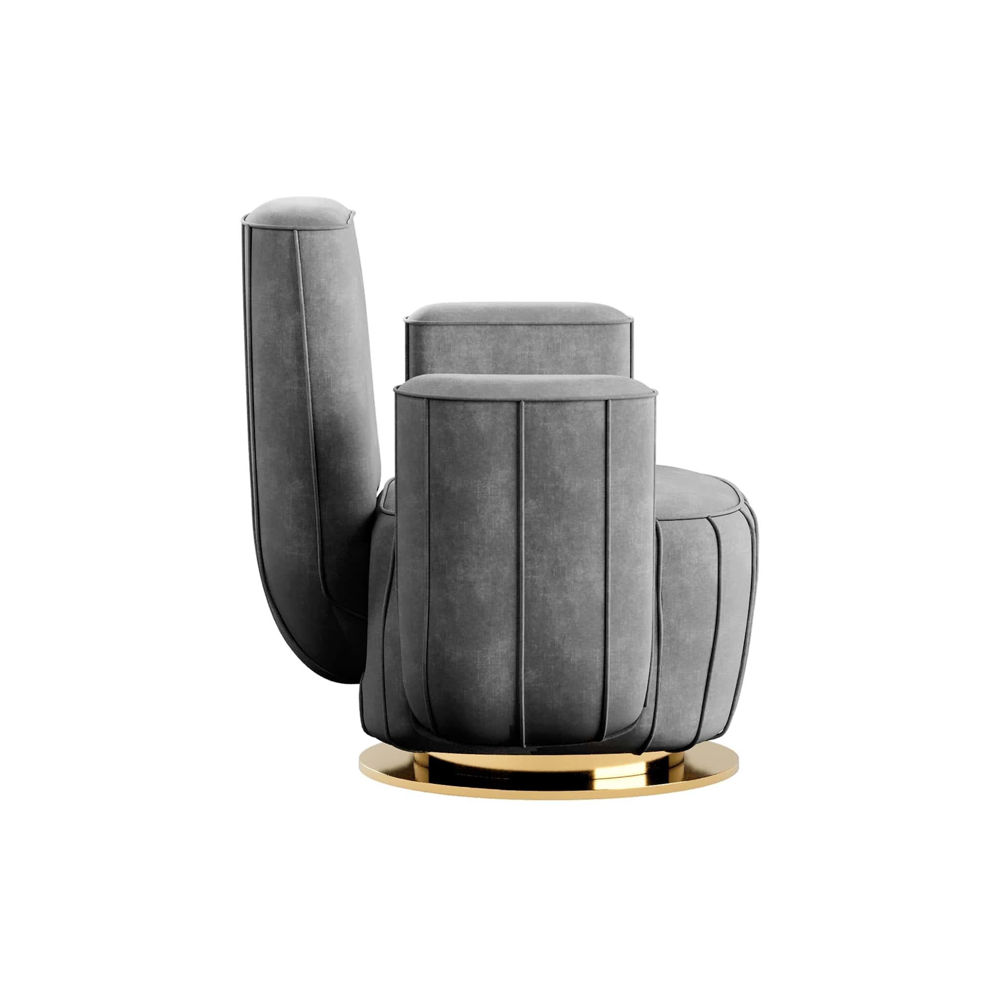 Polished Modern Gray Velvet Armchair Cactus Shape with Gold Swivel Base For Sale