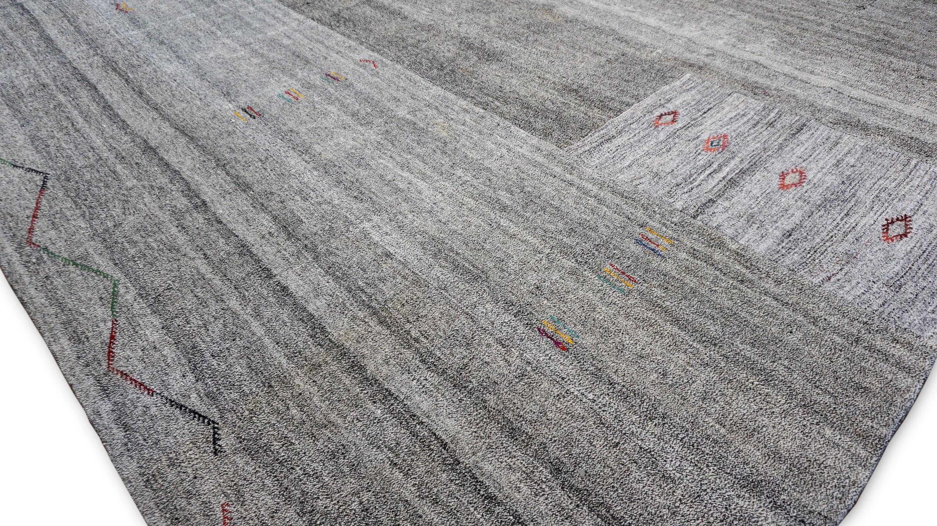 Turkish Modern Gray with Multicolored Motif Wool and Hemp Rug 11'11''x14'3'' For Sale