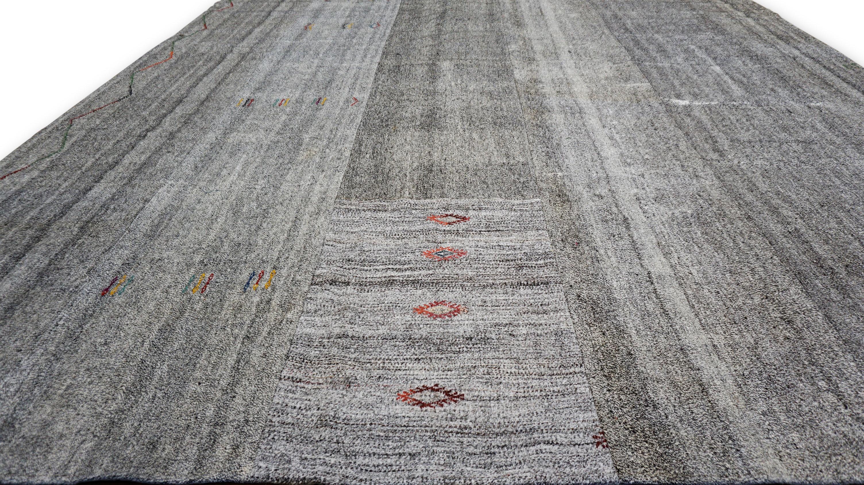 Hand-Woven Modern Gray with Multicolored Motif Wool and Hemp Rug 11'11''x14'3'' For Sale