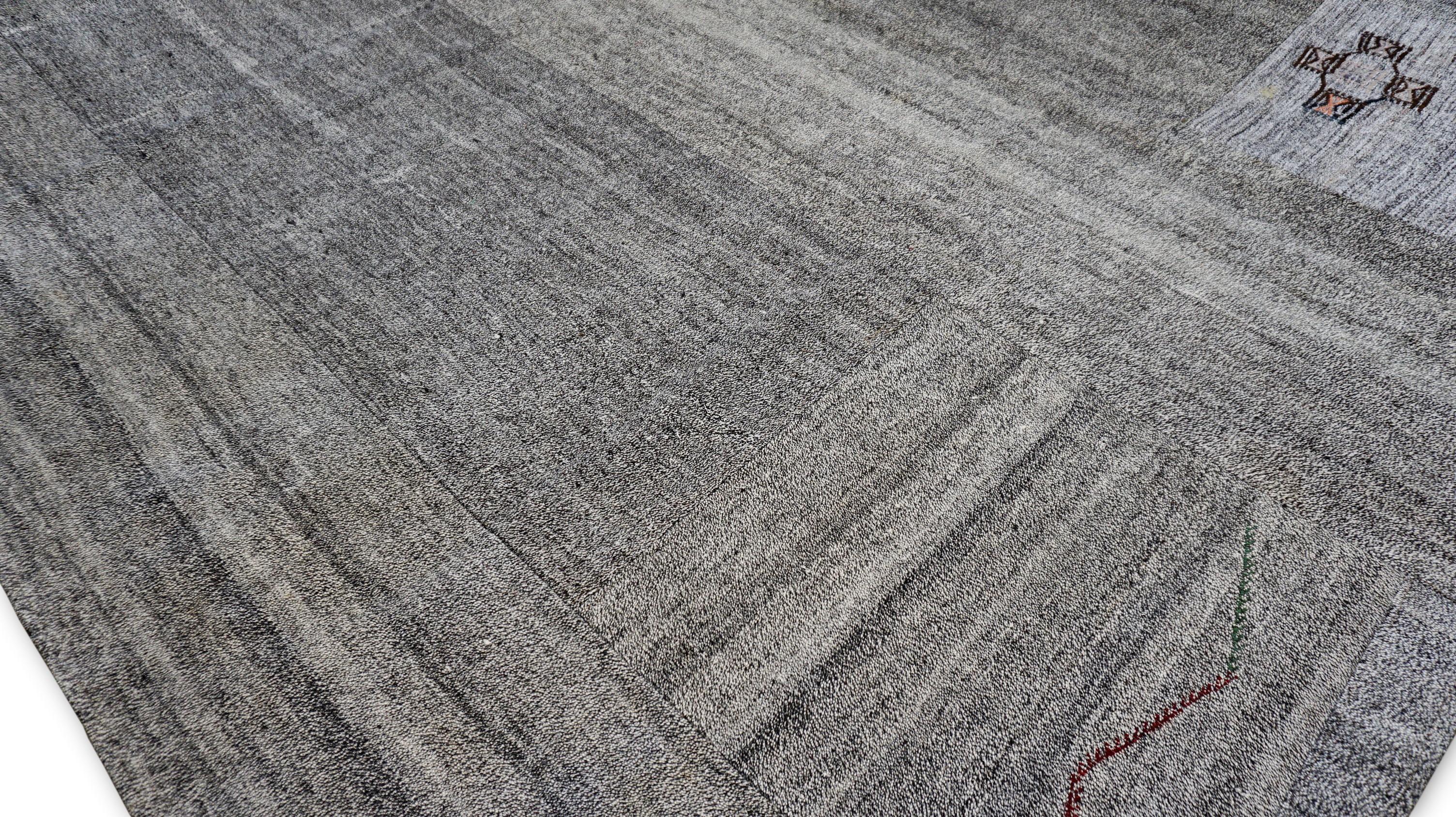 20th Century Modern Gray with Multicolored Motif Wool and Hemp Rug 11'11''x14'3'' For Sale