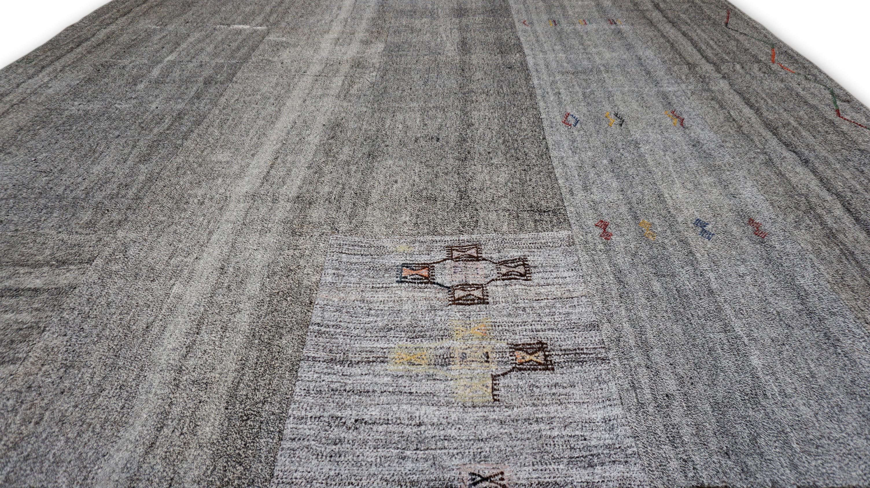 Modern Gray with Multicolored Motif Wool and Hemp Rug 11'11''x14'3'' For Sale 1