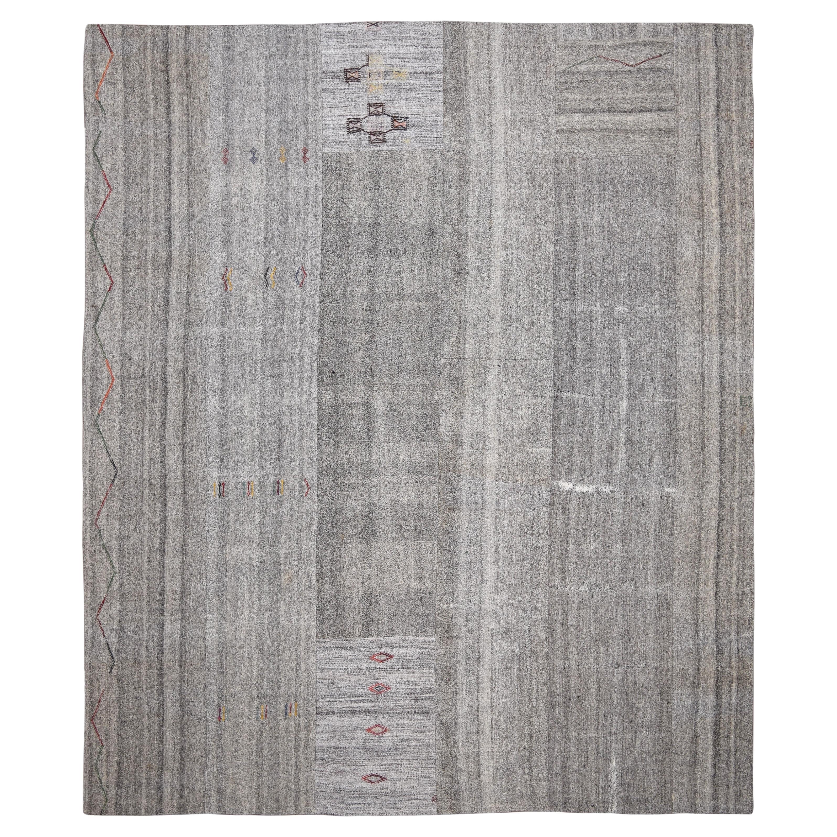 Modern Gray with Multicolored Motif Wool and Hemp Rug 11'11''x14'3'' For Sale