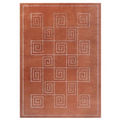 Modern Greek Key Design Burnt Orange Silk Oversized Rug "Meandros"
