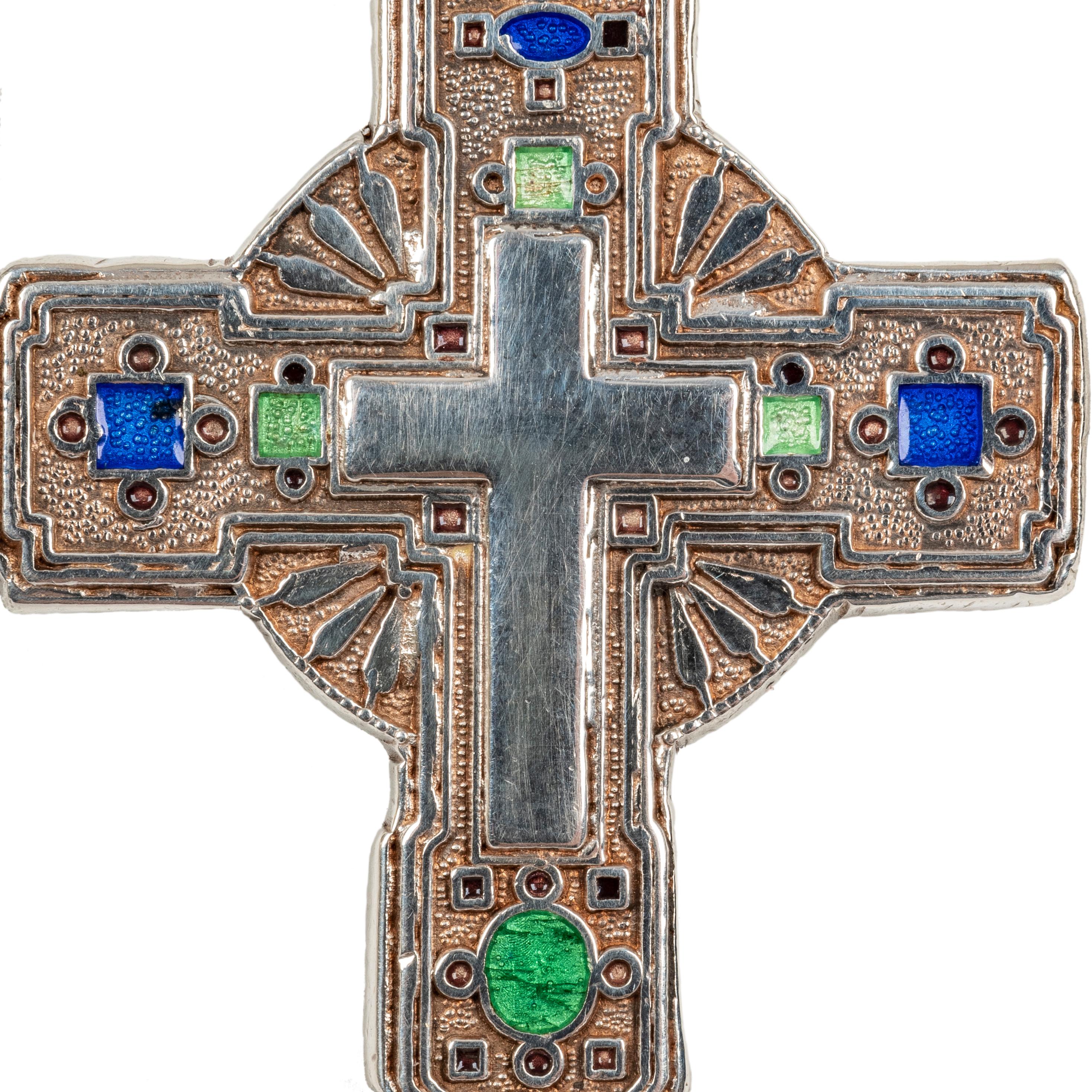 Modern Greek Orthodox Silver Enameled Cross, 20th Century