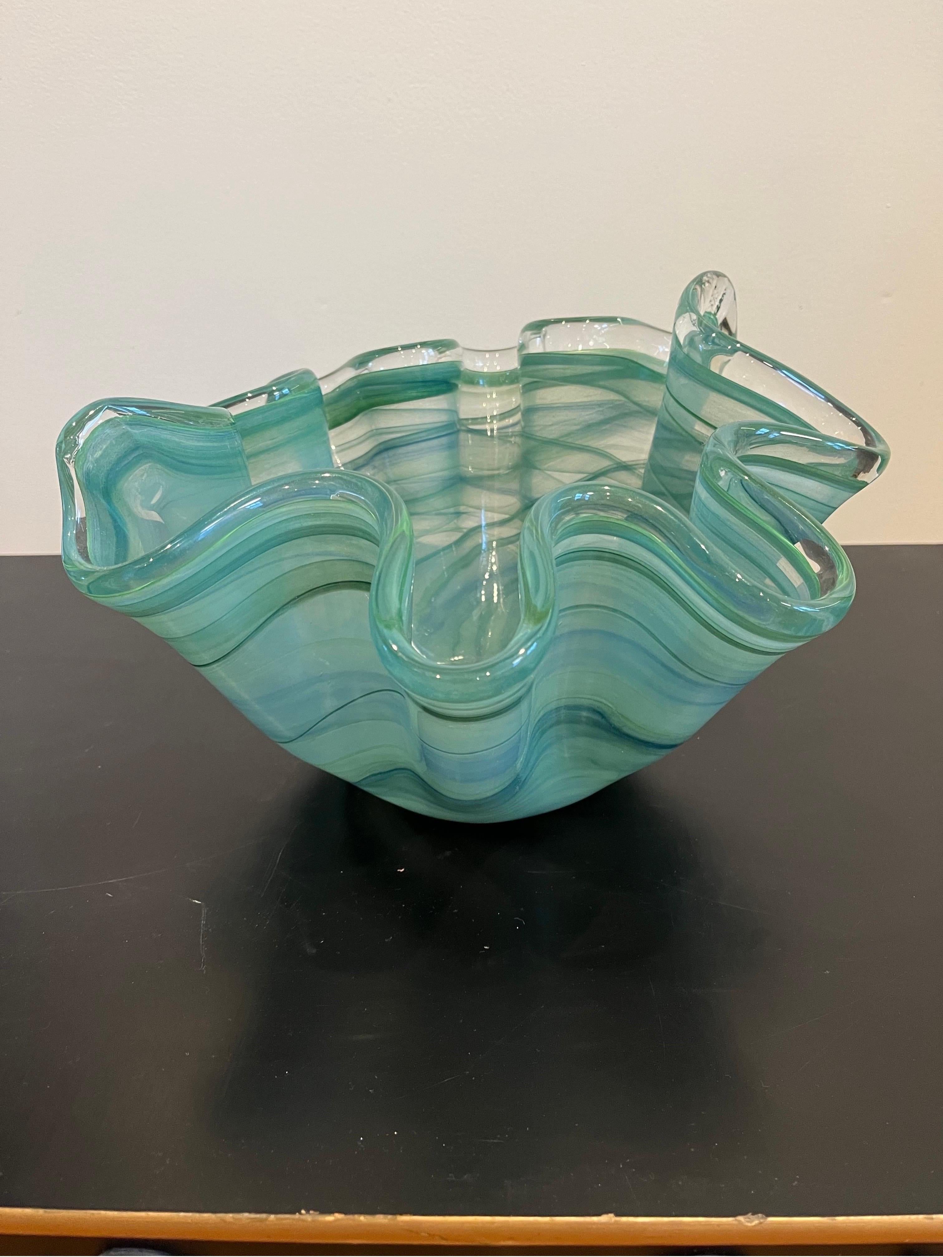 Beautiful Murano hand blown Italian art glass handkerchief vase with some small air bubbles in the glass. Dreamy green and white. Measures: 13