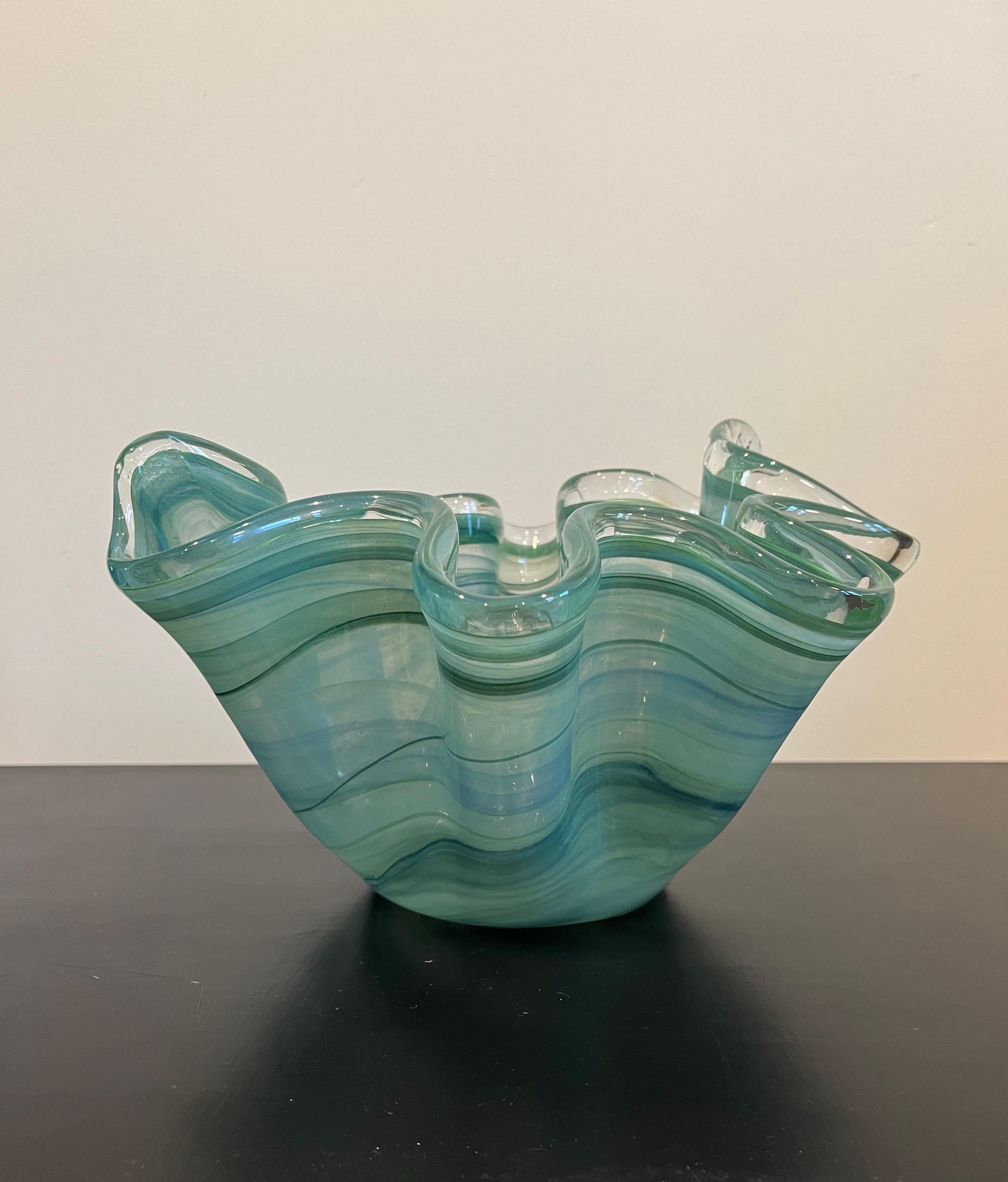 Italian Modern Green and White Art Glass Murano Handkerchief Vase For Sale