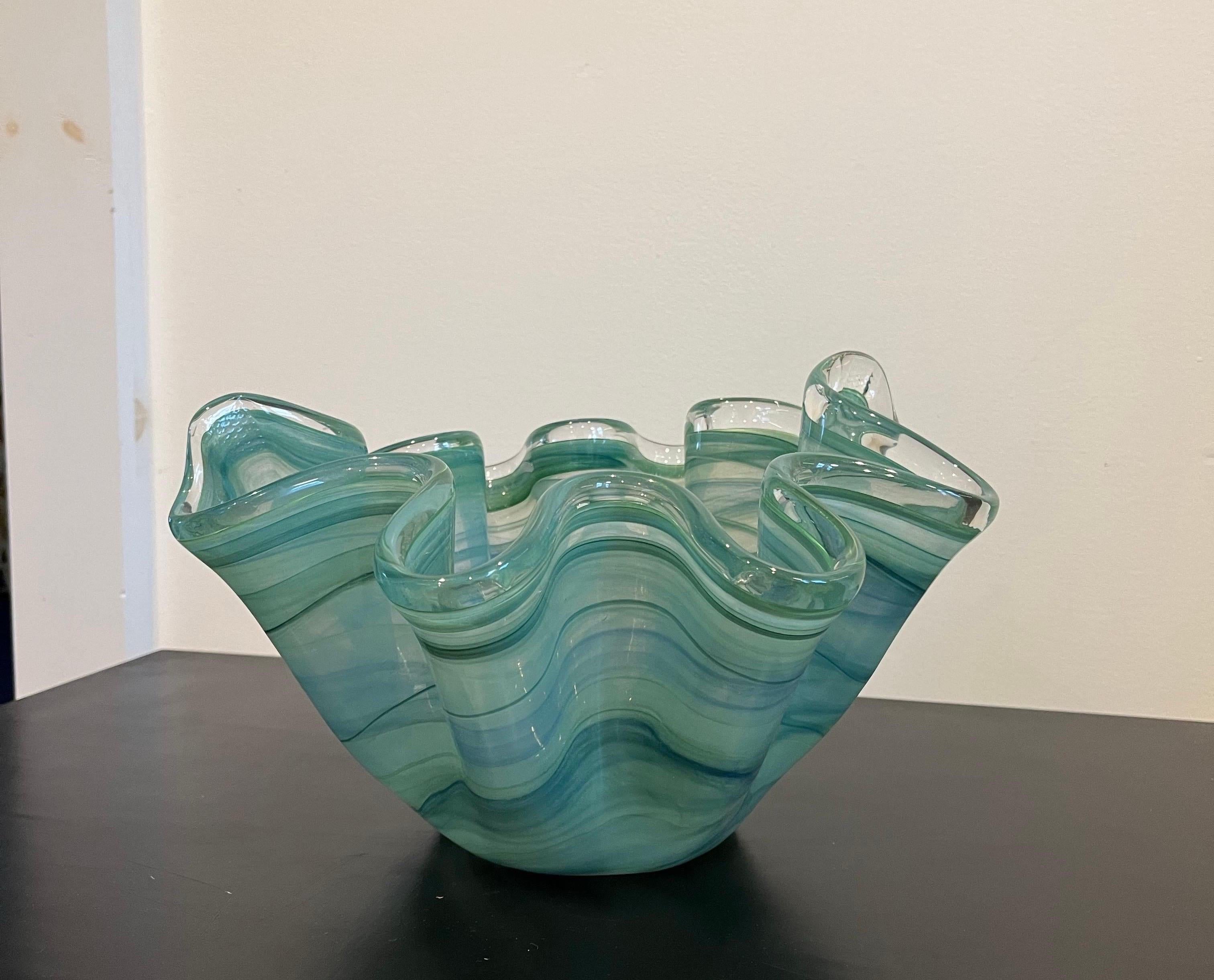 Late 20th Century Modern Green and White Art Glass Murano Handkerchief Vase For Sale