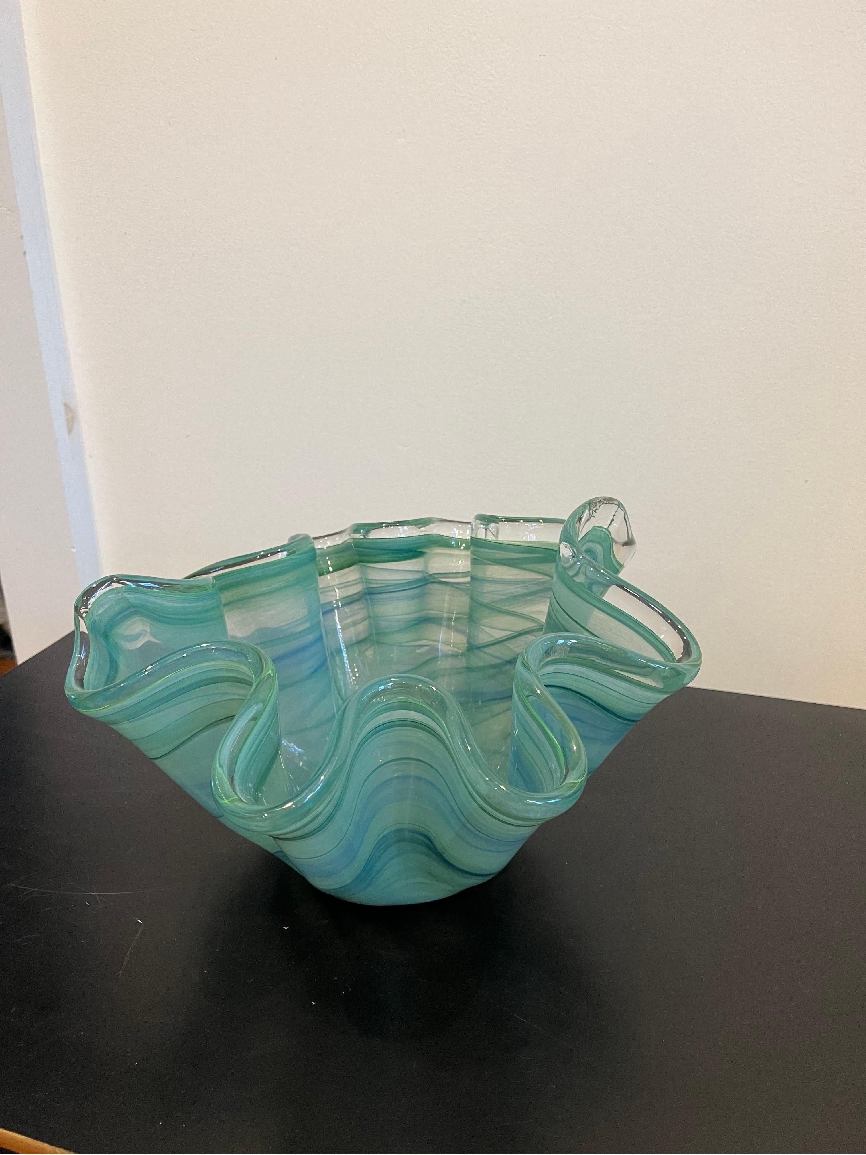 Modern Green and White Art Glass Murano Handkerchief Vase For Sale 1