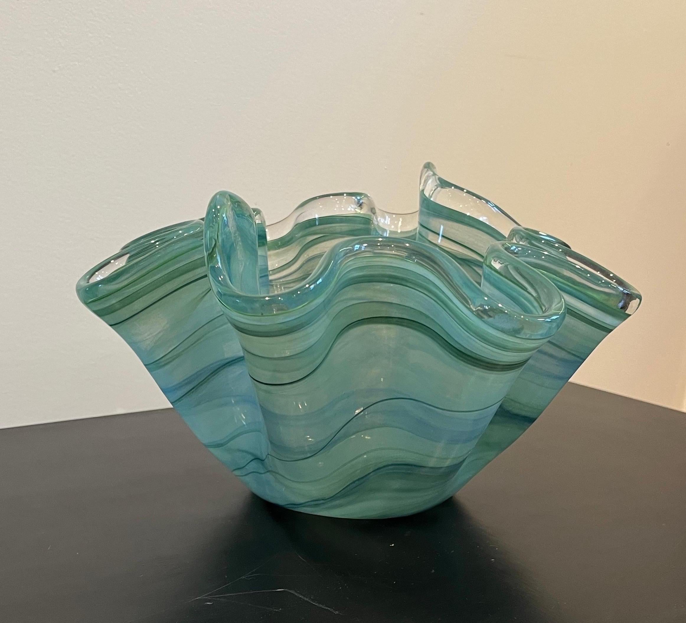 Modern Green and White Art Glass Murano Handkerchief Vase For Sale 2