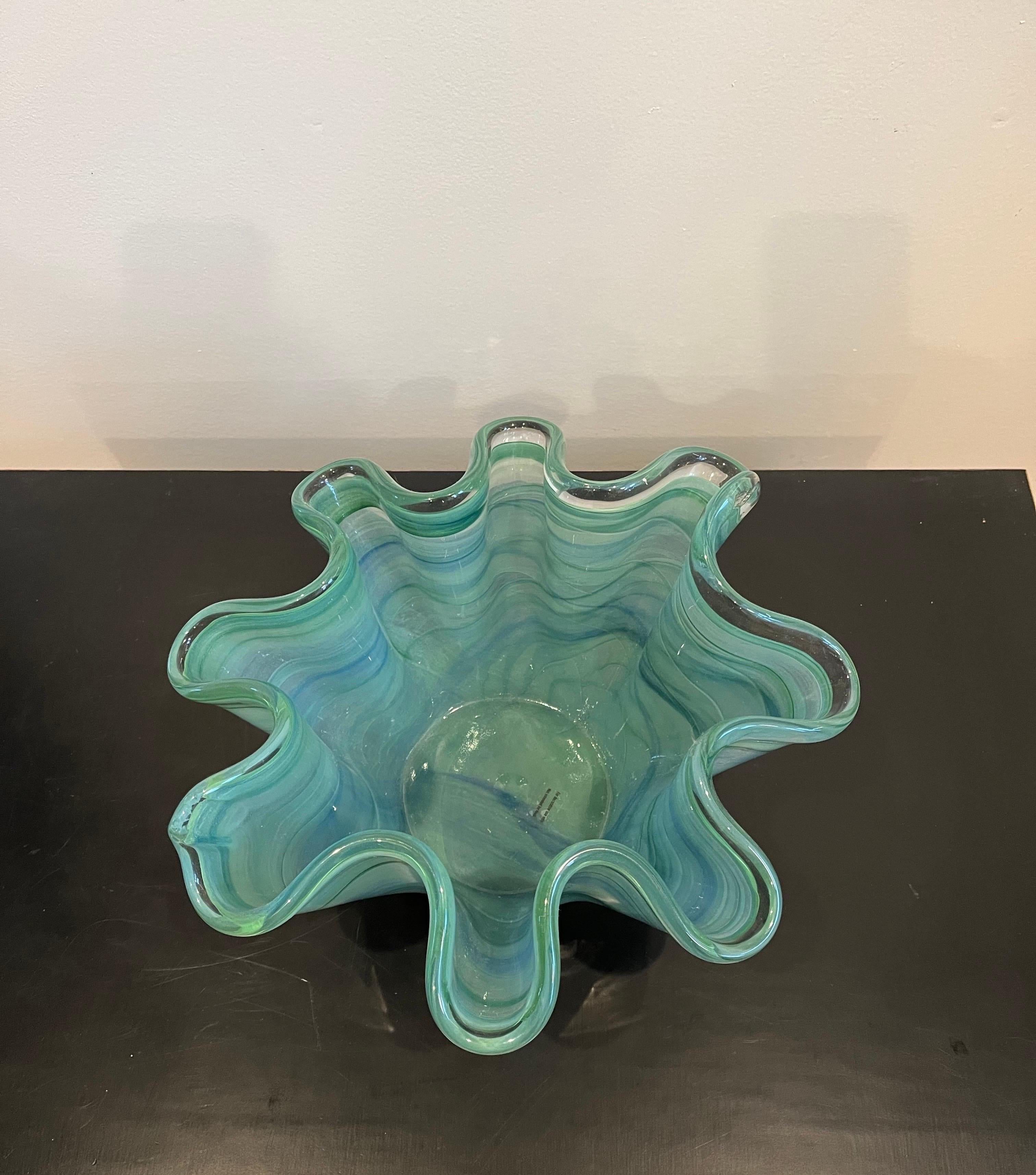 Modern Green and White Art Glass Murano Handkerchief Vase For Sale 3