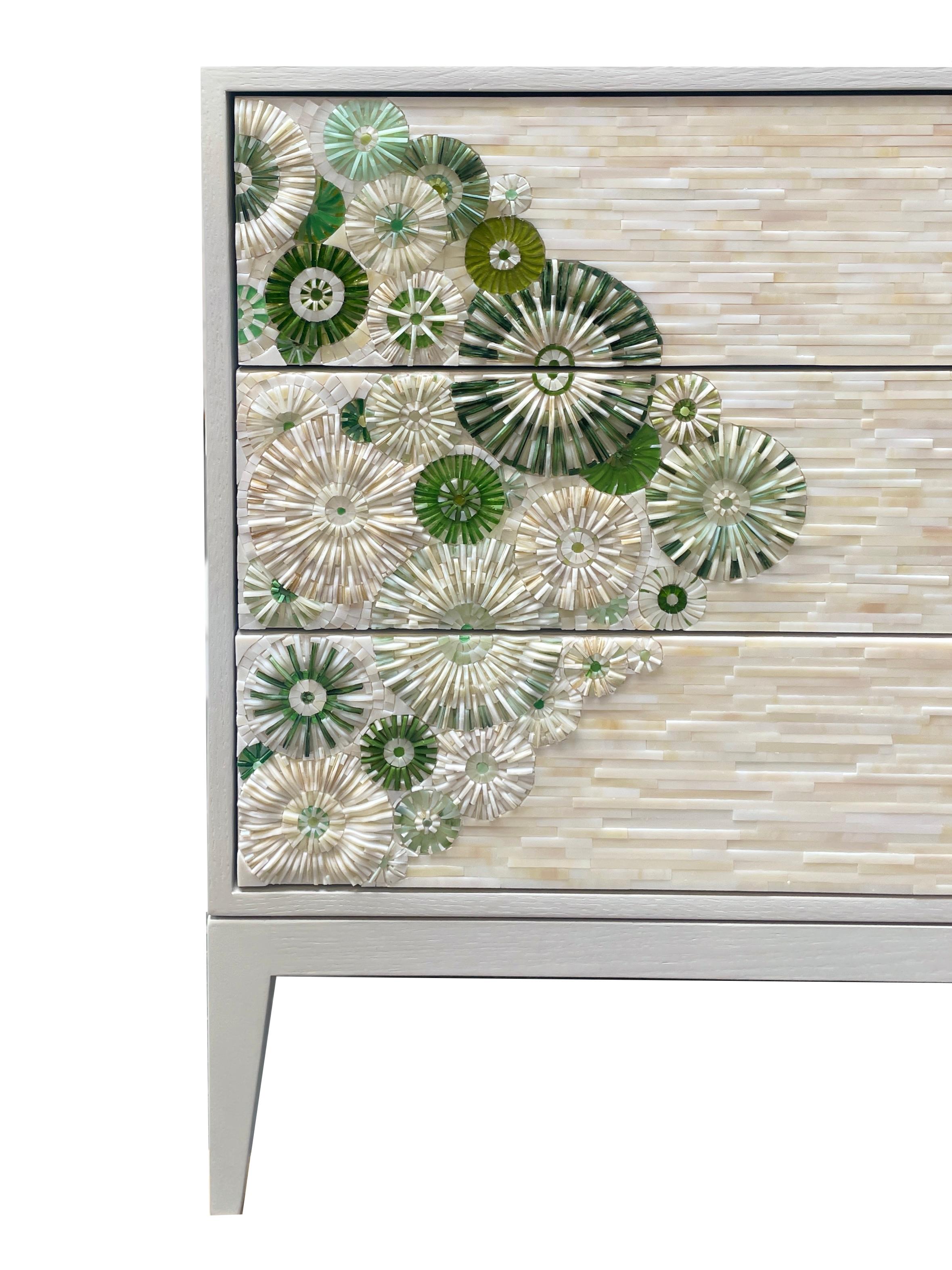 American Modern Green Blossom Mosaic Chest of 9-Drawers with White Oak by Ercole Home For Sale