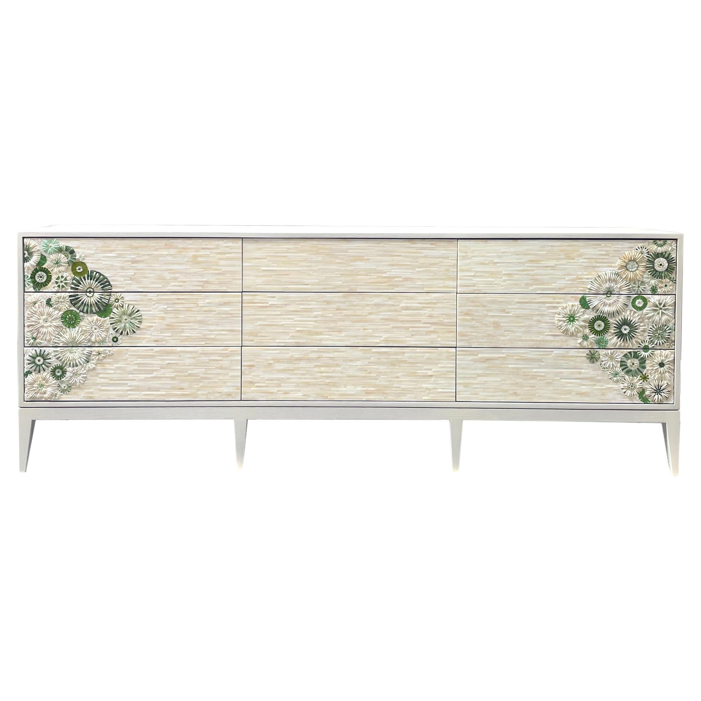 Modern Green Blossom Mosaic Chest of 9-Drawers with White Oak by Ercole Home For Sale