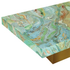 Coffee Table Green Scagliola Art Top Gold Wood Base Handmade in Italy by Cupioli