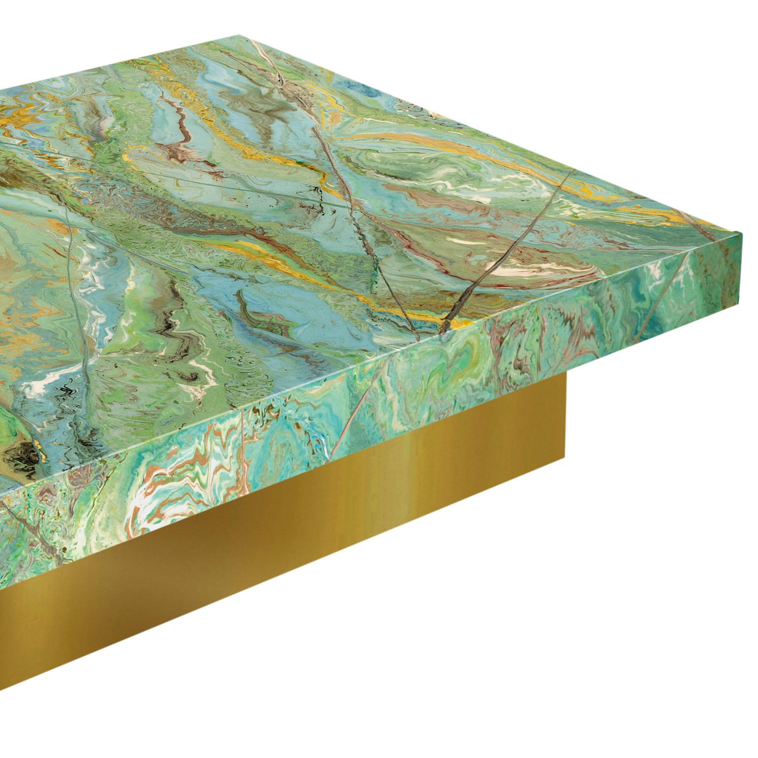 Modern Coffee table green scagliola art top gold wood base handmade in Italy by Cupioli For Sale