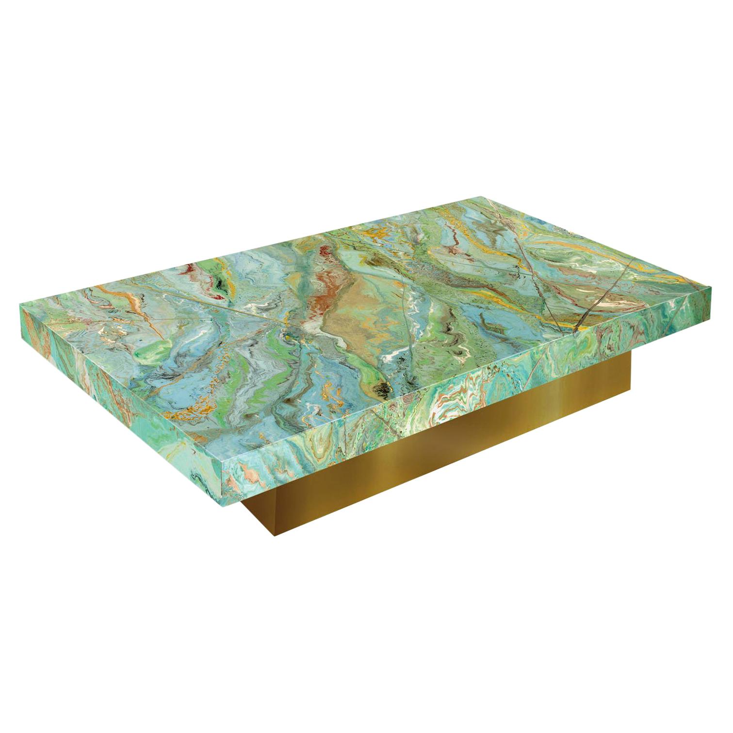 Coffee table green scagliola art top gold wood base handmade in Italy by Cupioli For Sale