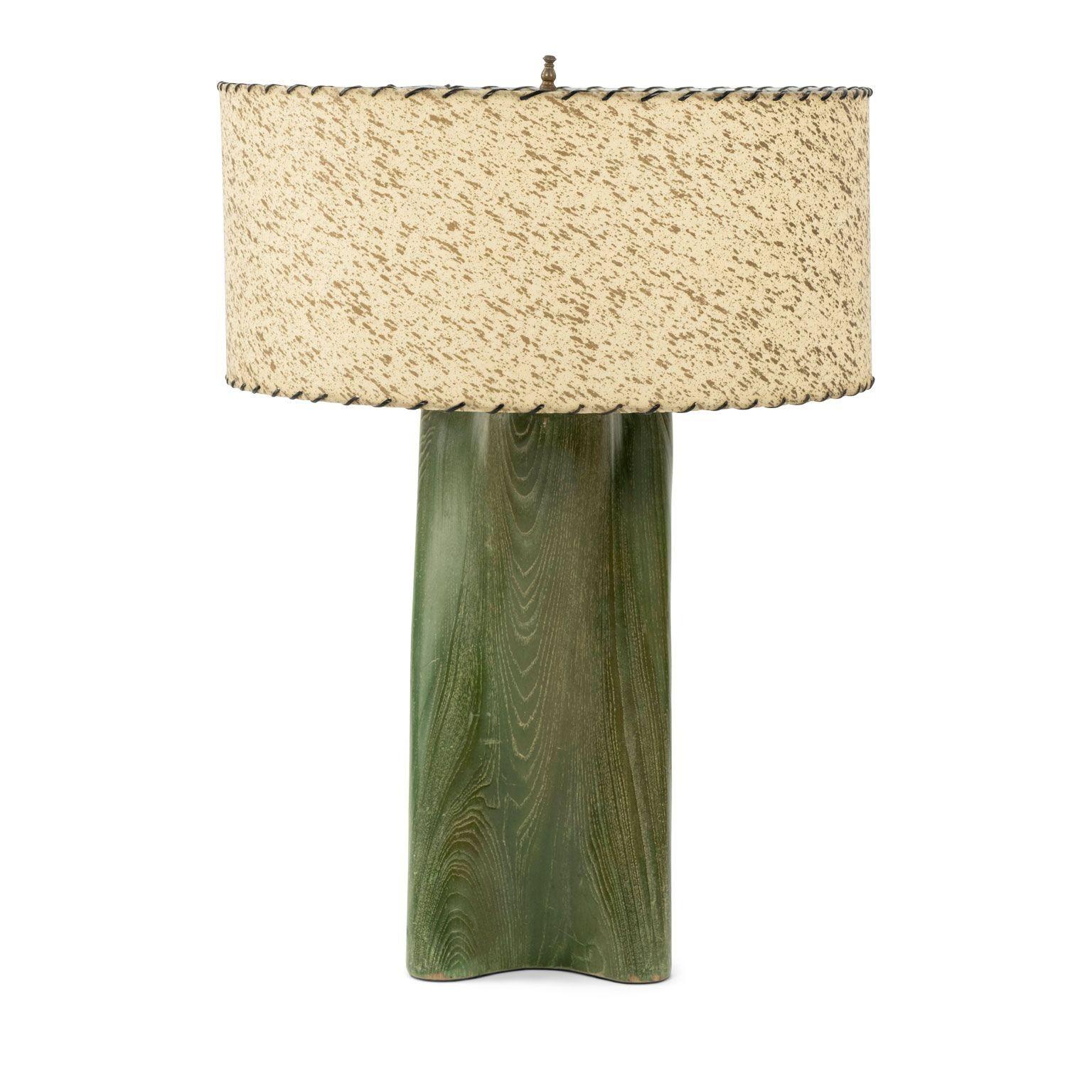 Hand-Carved Modern Green-Dyed Carved Wood Table Lamp For Sale