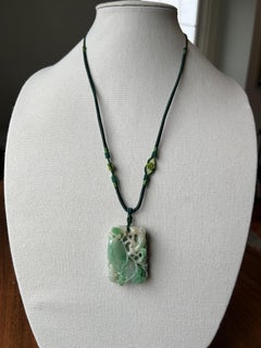 Modern Green Dyed Jadeite Abstract Pendant Green Silk Cord Necklace 1960s