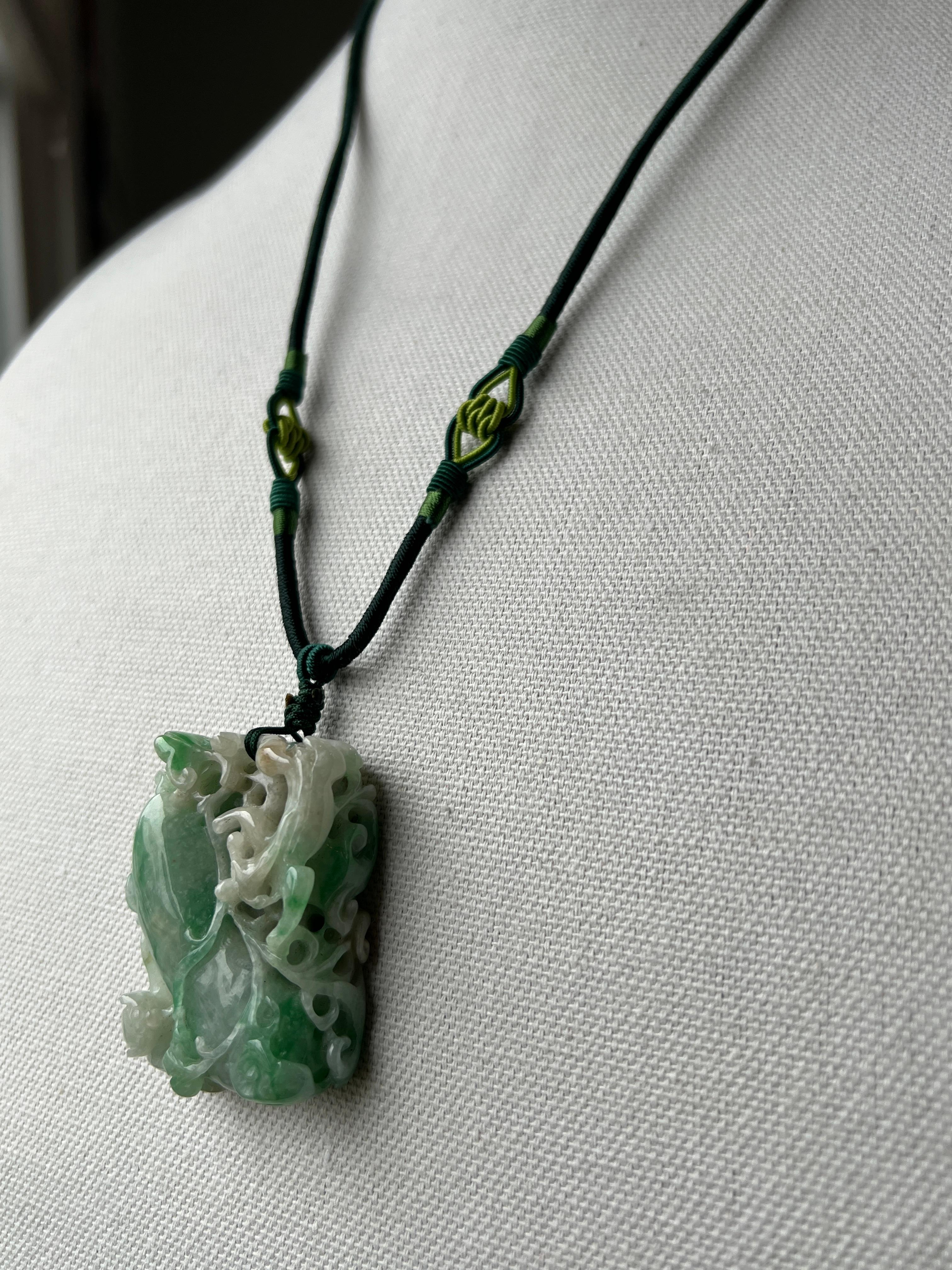 Contemporary Modern Green Dyed Jadeite Abstract Pendant Green Silk Cord Necklace 1960s
