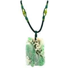 Modern Green Dyed Jadeite Abstract Pendant Green Silk Cord Necklace 1960s