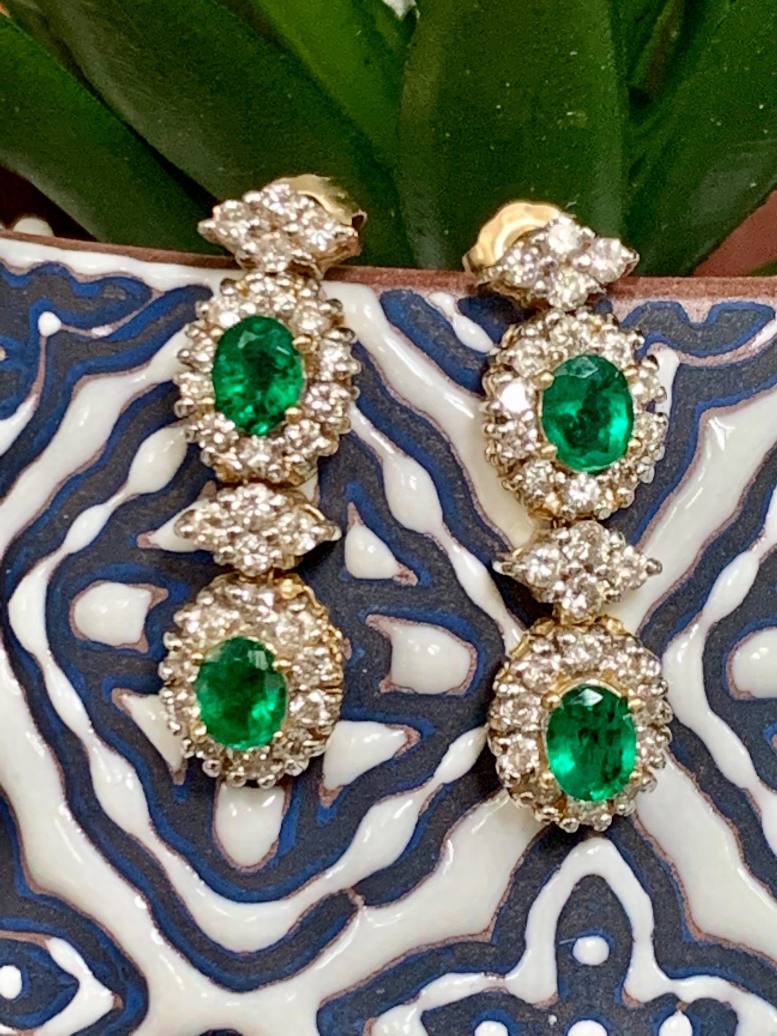 Women's Modern Green Emerald and Diamond 14 Karat Yellow Gold Post Dangle Earrings