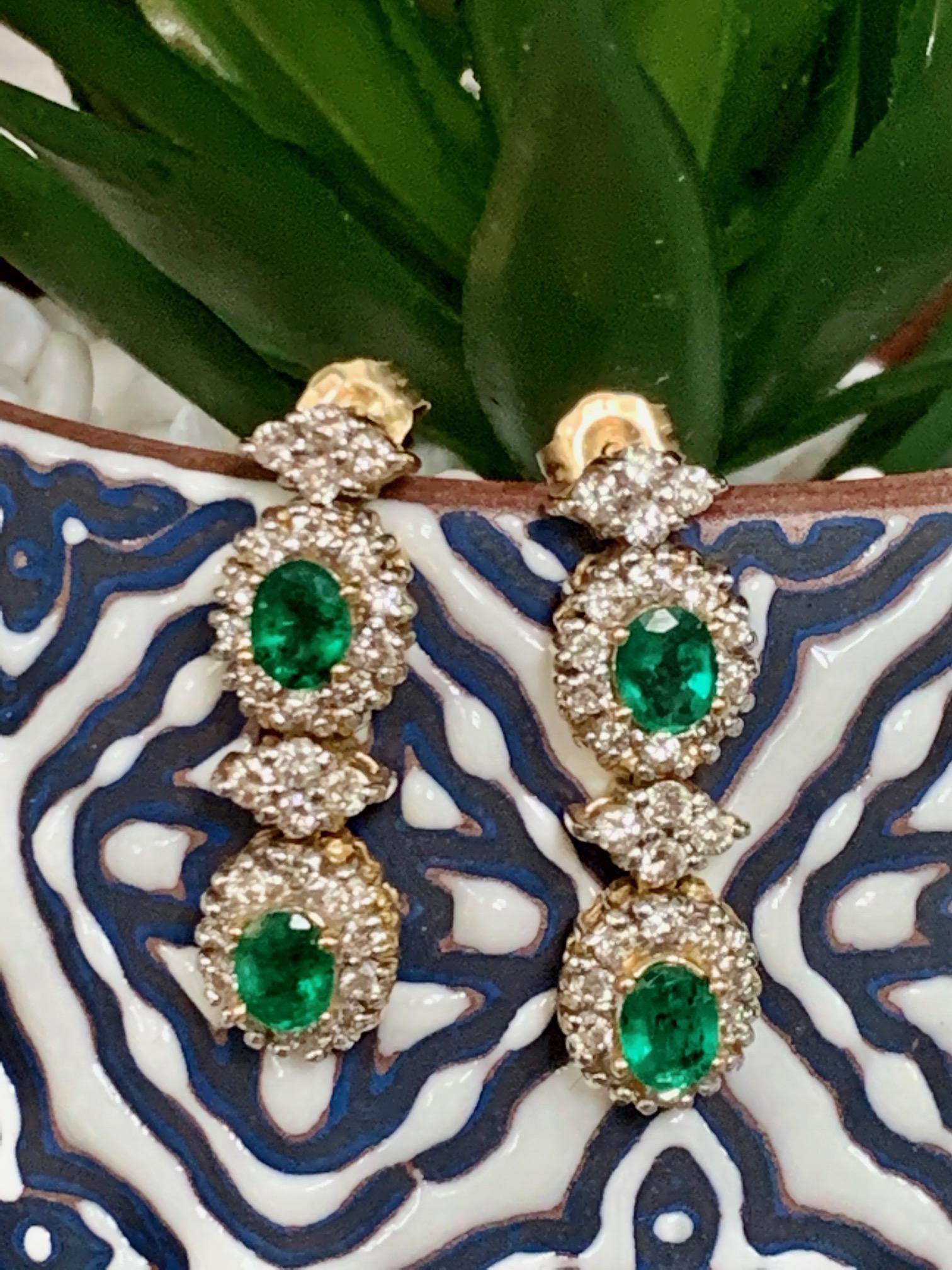 Modern Green Emerald and Diamond 14 Karat Yellow Gold Post Dangle Earrings 1