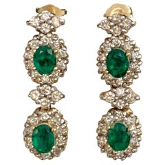 Modern Green Emerald and Diamond 14 Karat Yellow Gold Post Dangle Earrings