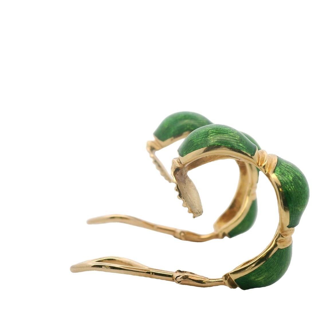 Modern Green Enamel and 18k Yellow Gold Hoop Clip On Earrings 1960s For Sale 6