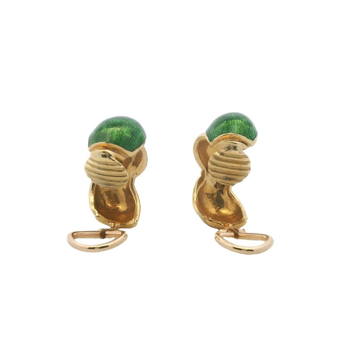 Modern Green Enamel and 18k Yellow Gold Hoop Clip On Earrings 1960s For Sale 7