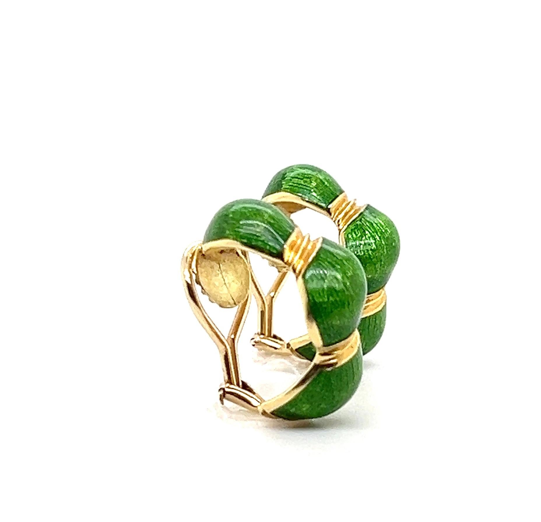 Modern Green Enamel and 18k Yellow Gold Hoop Clip On Earrings 1960s For Sale 1