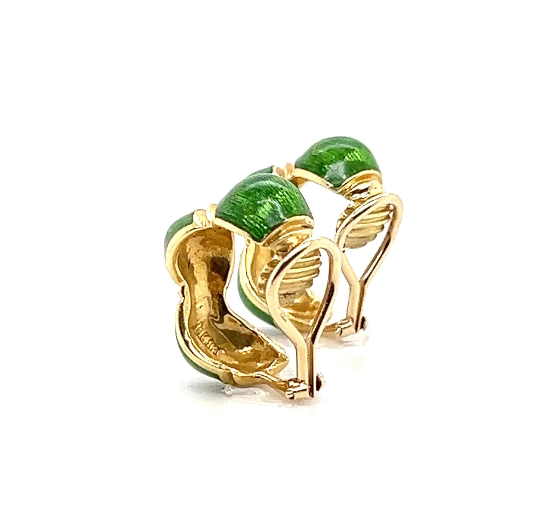 Modern Green Enamel and 18k Yellow Gold Hoop Clip On Earrings 1960s For Sale 2