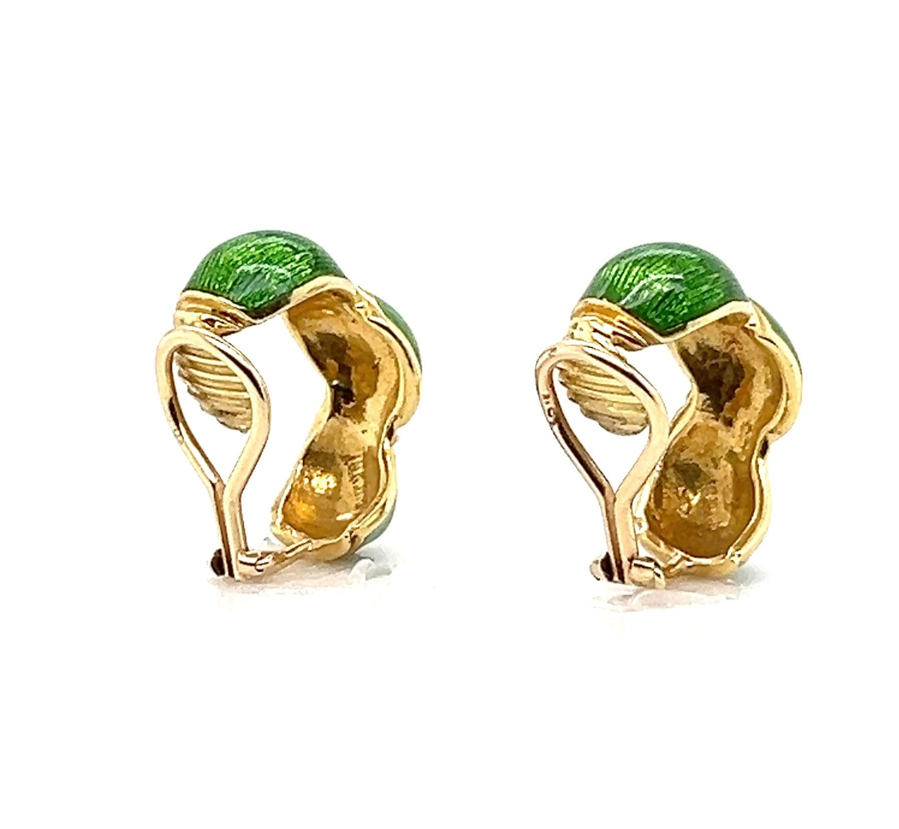 Modern Green Enamel and 18k Yellow Gold Hoop Clip On Earrings 1960s For Sale 3