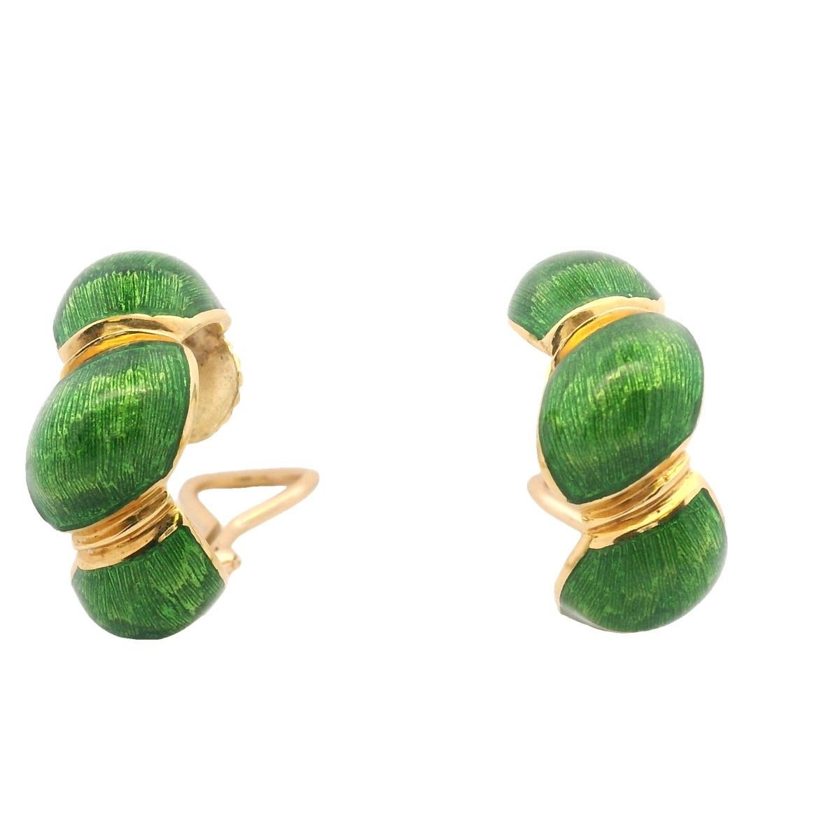 Modern Green Enamel and 18k Yellow Gold Hoop Clip On Earrings 1960s For Sale 5
