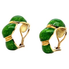 Modern Green Enamel and 18k Yellow Gold Hoop Clip On Earrings 1960s
