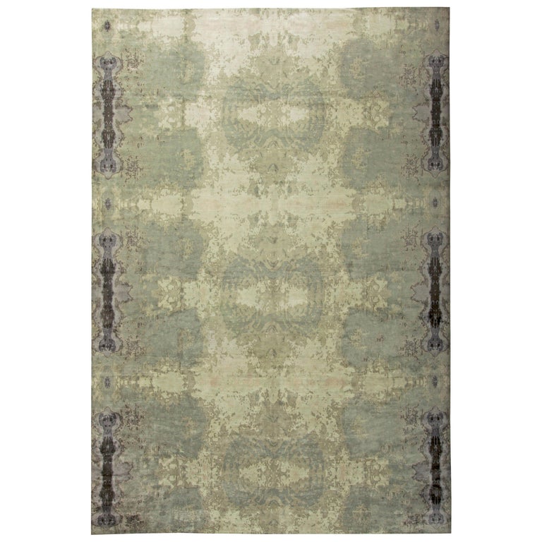 Modern Abstract Green Eskayel-Kusafari Silk Rug For Sale